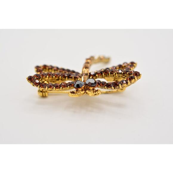 WM Vintage Dragonfly Crystal Pin Brooch Brown Rhinestone Gold Signed AS IS BinAJ - Picture 8 of 12